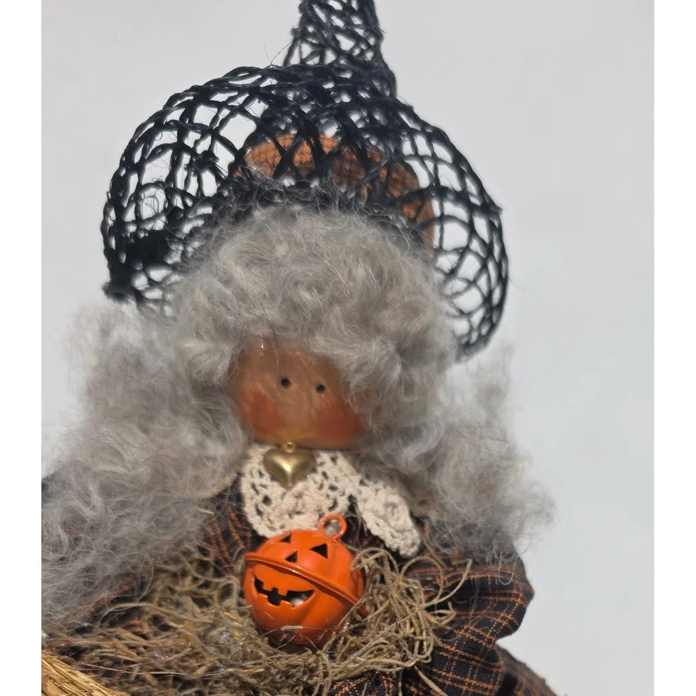 Vintage Primitive Halloween Witch Doll Handmade Folk Art Plaid Decor 14.5 inch